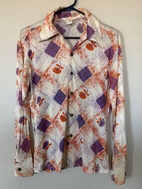 Vintage 70s Mar Vista Disco Shirt Floral Diamond Dagger Collar M/S